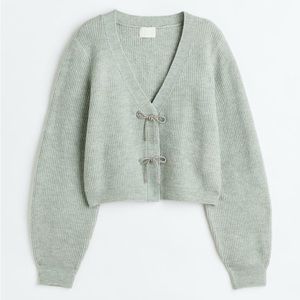 Rhinestone-bow Rib-knit Cardigan